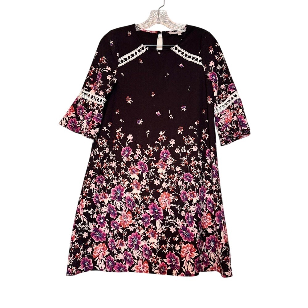 Smukke Brown Floral Shift Dress Crochet Lace Bell Sleeve Size 14 Boho Mini